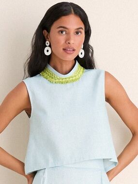 Tuckernuck X BURU Colab Blue Shimmer Linen with Chartreuse Trim Hostess Top XS
